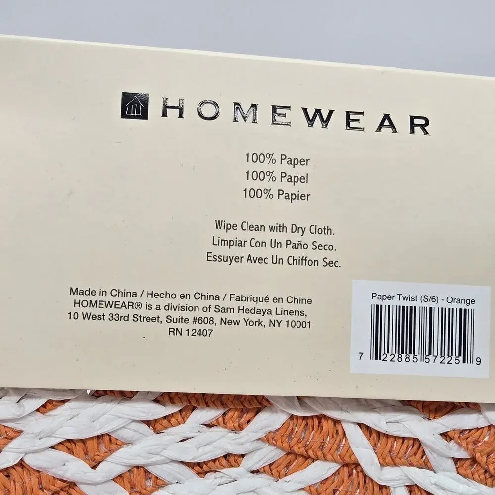 Orange White Spiral Homeware Woven Placemats 15” Round Set Of 6 100% Paper NEW!